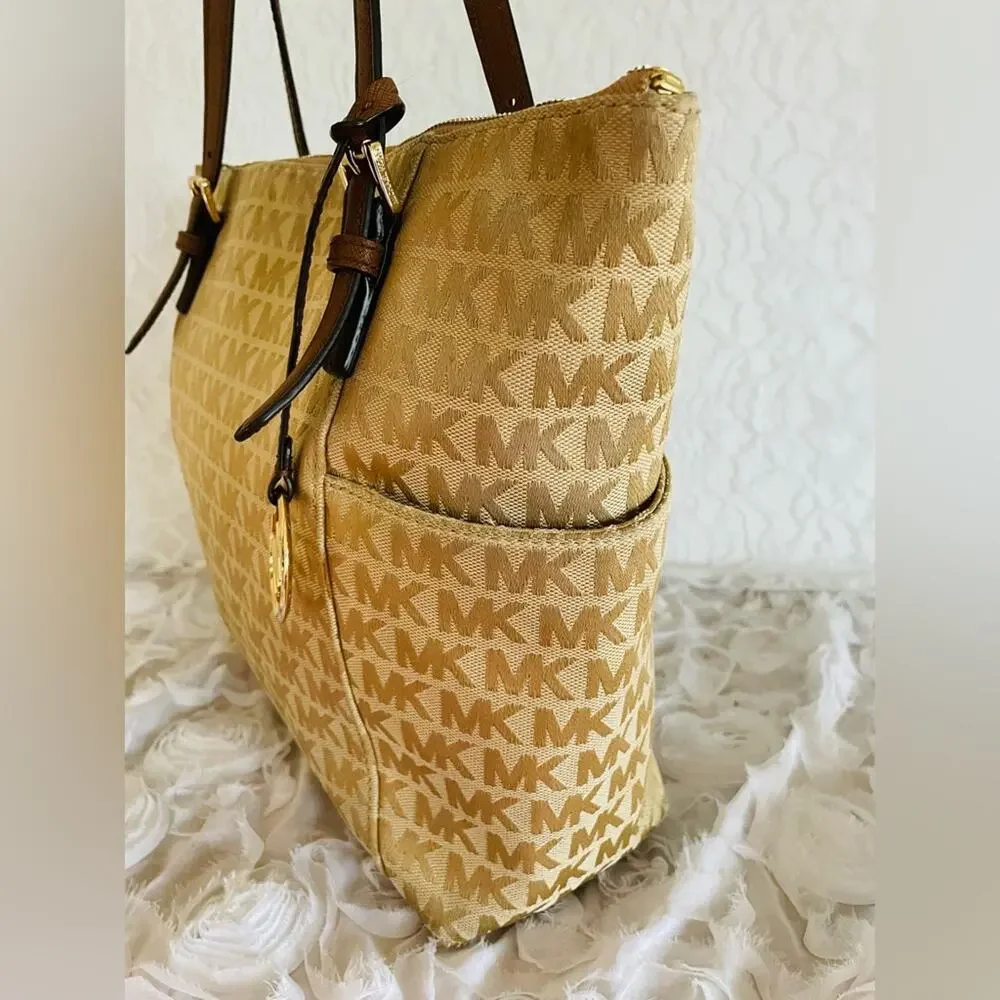 MICHAEL KORS gold Voyager canvas leather tote shoulder bag